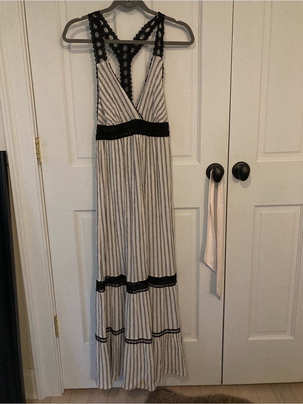 Anthropologie Black and White Striped Crochet-Trim Maxi Dress
